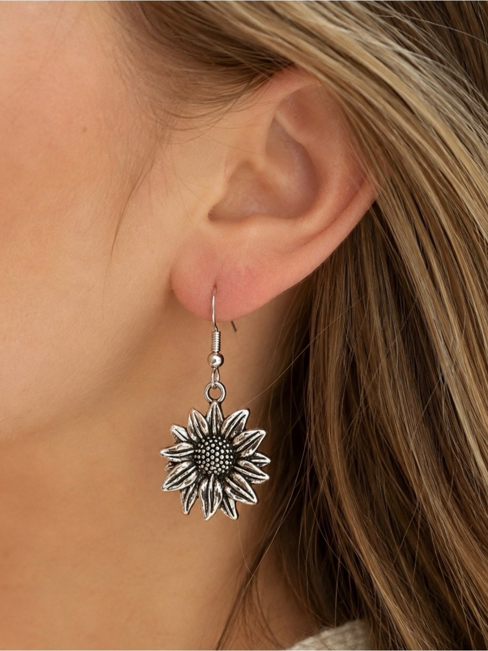 Silver Sunflower Dangle Earrings | Boho Floral Drop Earrings